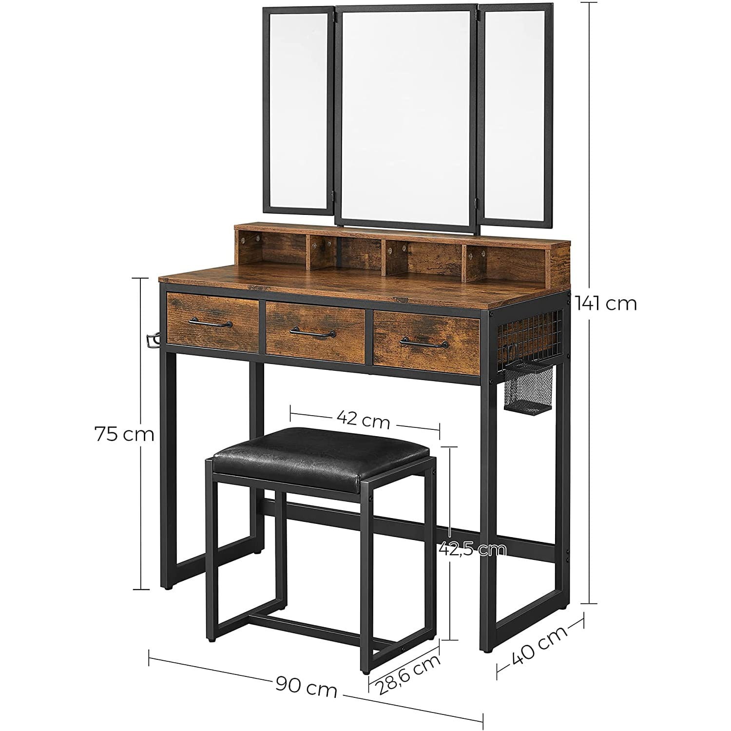 Toaletka Drewniana Z Lustrem Rustykalny Brąz 90 x 40 x 141 cm
