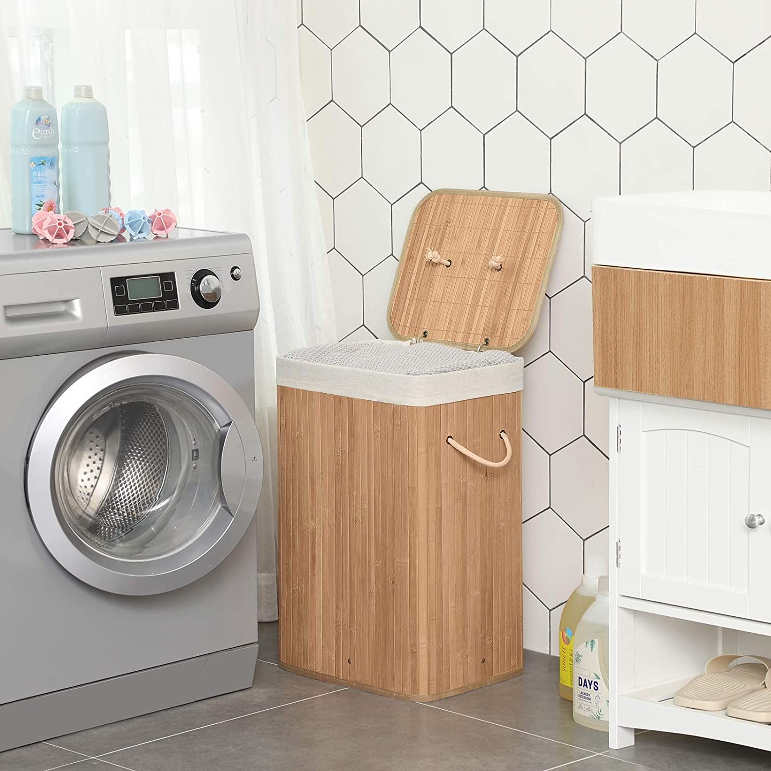 Kosz Na Pranie Bambusowy Naturalny SELLTEO Reggio 40 x 30 x 60 cm