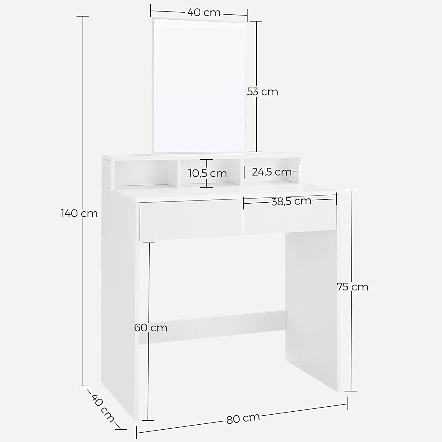Toaletka Z Lustrem Szufladami 80 x 40 x 140 cm - Biała