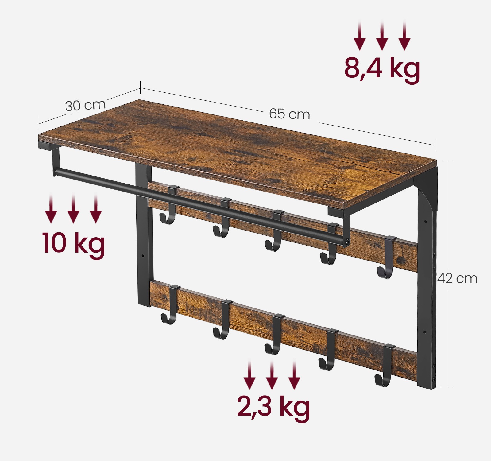 Półka Wisząca Rustykalny Brąz Płyta Wiórowa MEBLIVA Clip 65 x 30 x 42 cm