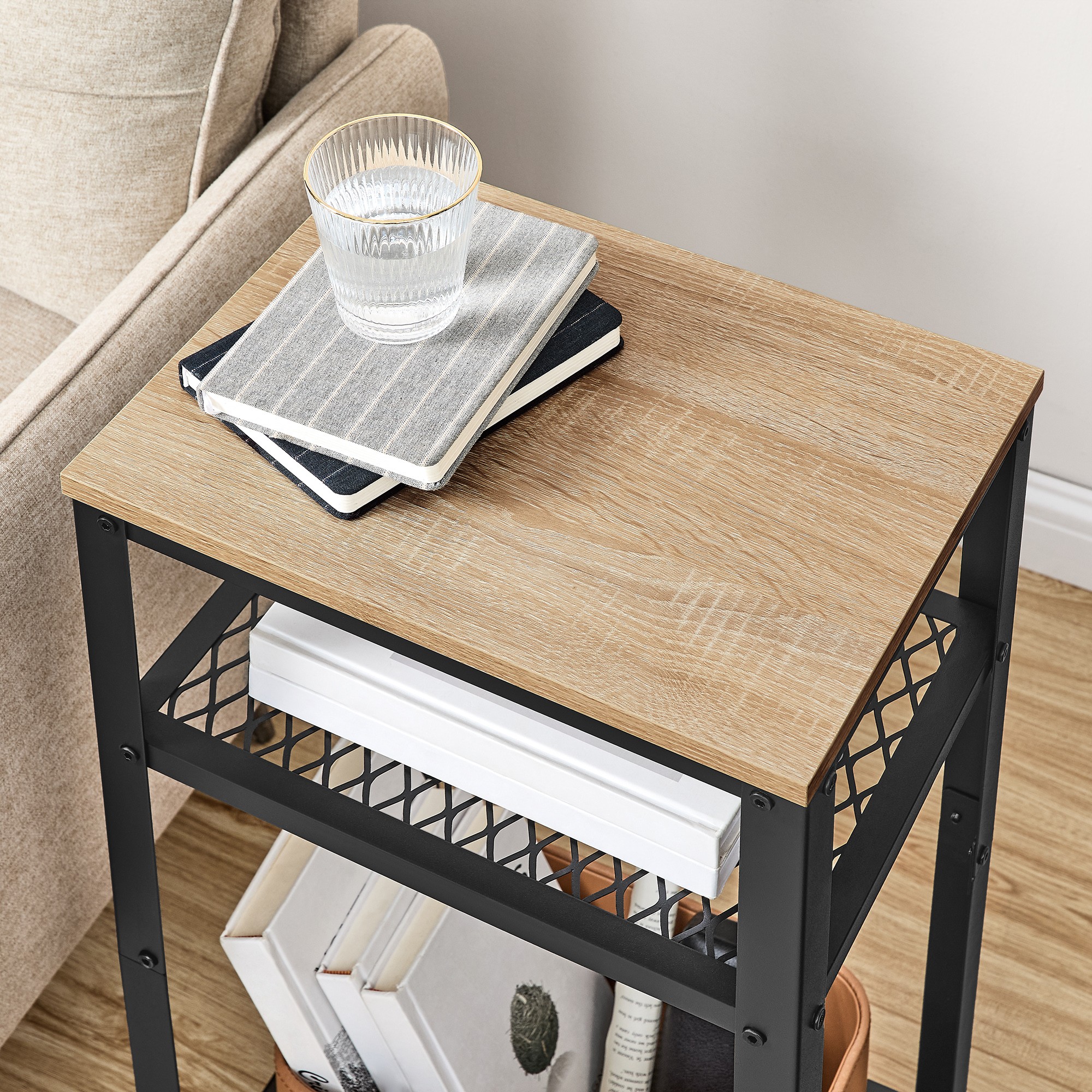 Stolik Nocny Drewniany Sonoma MEBLIVA Tunli 40 x 30 x 75 cm