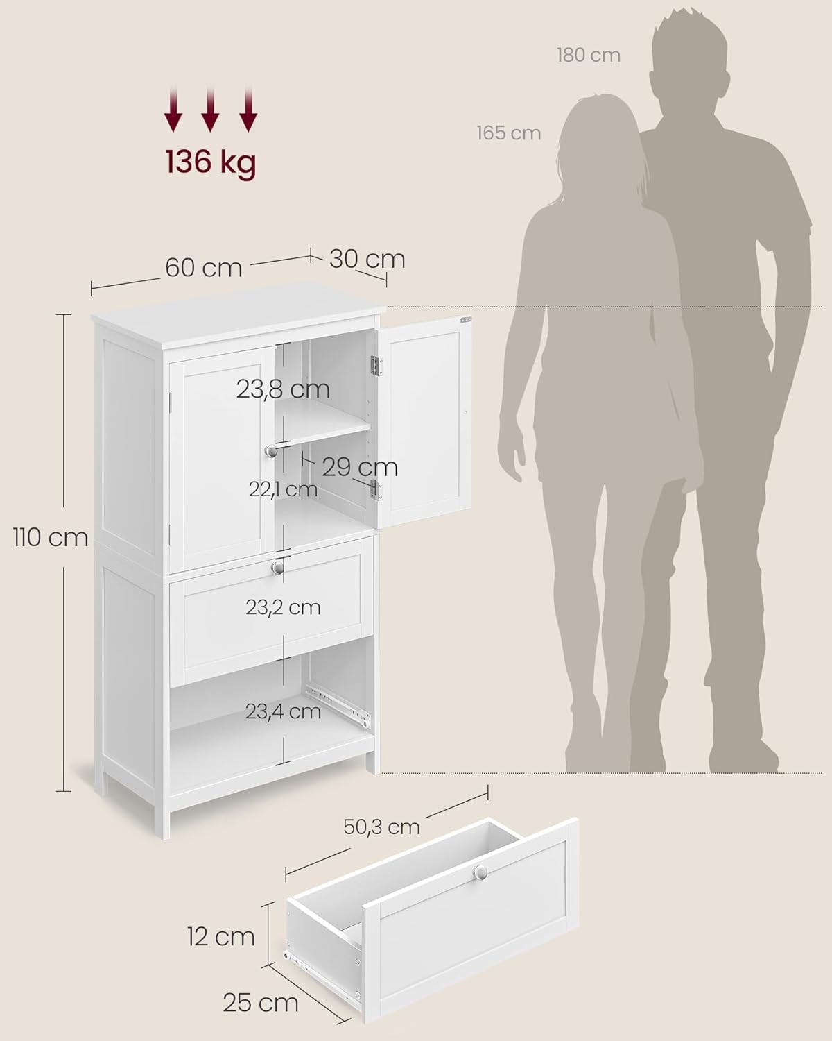 Szafka Łazienkowa Wisząca Z Półkami MEBLIVA Filol 60 x 30 x 110 cm - Biała