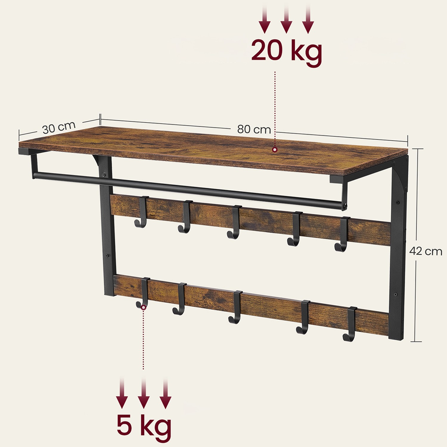 Półka Wisząca Rustykalna Na Książki MEBLIVA Clip 80 x 30 x 42 cm