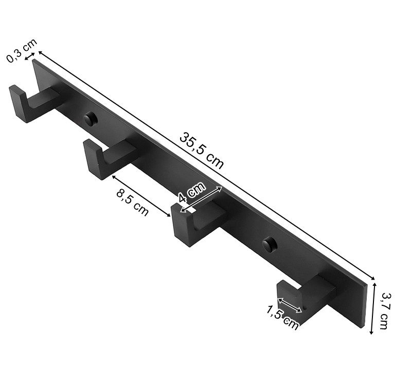 Wieszak Ścienny Metalowy Na 4 Haki MEBLIVA Kusor 35.5 x 4 x 3.7 cm - Czarny