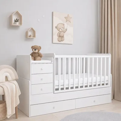 Łóżeczko SMART 4w1 (Łóżeczko 120×60 + Komoda / Łóżko 170×60) Biały