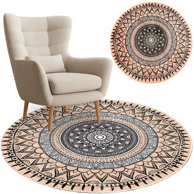 Dywan Okrągły Novo 100x100 cm Pluszowy Do Salonu - Beżowy Aztecki