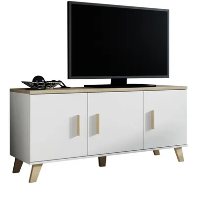 Komoda RTV LOTAR 150 3D Biel Brylantowa / Dąb Sonoma