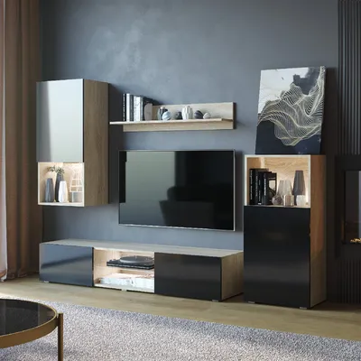 Meblościanka LOFT Dąb Sonoma / Czarny Połysk
