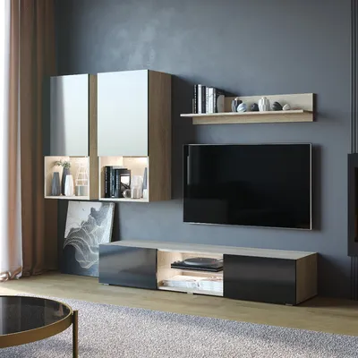 Meblościanka DECO Dąb Sonoma / Czarny Połysk