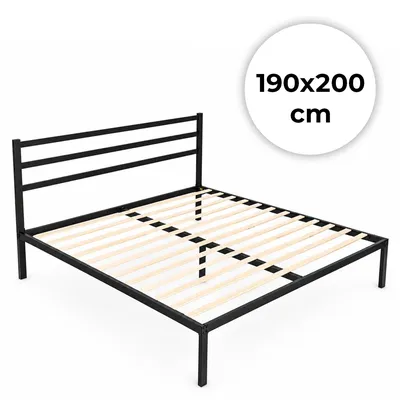 Łóżko Metalowe 190x200 cm Ze Stelażem Zagłówkiem - Czarna