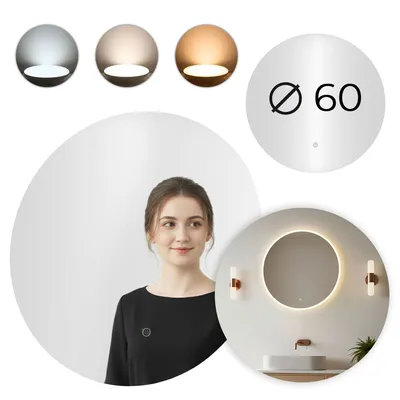 Lustro Ścienne Łazienkowe LED Okrągłe 60 cm Barwy Włącznik