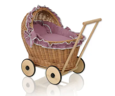 Wiklinowy Wózek Dla Lalek Pchacz Pościelką Róż Retro Miękką TUM-TUM