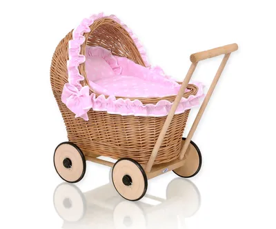 Wiklinowy Wózek Dla Lalek Pchacz Różową Pościelką Miękką Chiara TUM-TUM