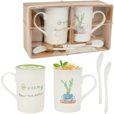 Zestaw Prezentowy Love Nature: 2 Kubki Ceramiczne Z Łyżeczkami W Motywie Kaktusa