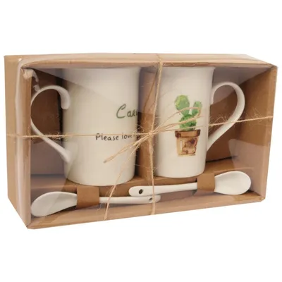 Zestaw Prezentowy Green Love - Dwa Kubki Ceramiczne Z Łyżeczkami O Motywie Kaktusa