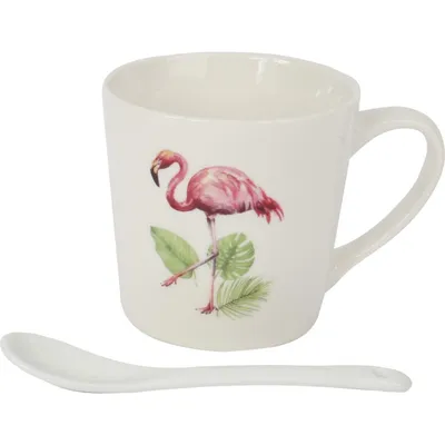 Zestaw Prezentowy Kubek I Łyżeczka Ceramiczna We Flamingi Z Liśćmi