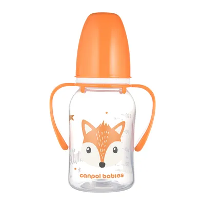 CANPOL 11/823 Butelka Standardowa Z Uchwytami 120 ml CUTE ANIMALS - Pomarańczowa
