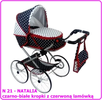 Wózek Dla Lalek Głęboko-Spacerowy NATALIA RETRO N21 Kropki Z Czerwoną Lamówką - Czarno-Biały
