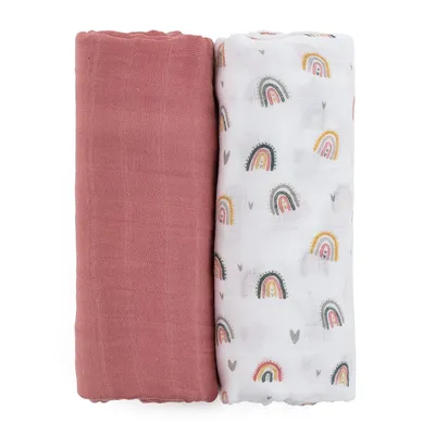 PETITE&MARS 417362 Zestaw Otulaczy Z Muślinu Bambusowego 2 szt Misty Rose Rainbows 120x120