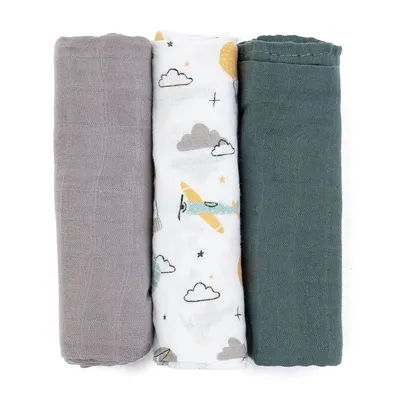 PETITE&MARS 415361 Zestaw Pieluszek Z Muślinu Bambusowego 3 szt 68x68 cm Grey Planes