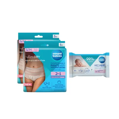 CANPOL 0466 Majtki Poporodowe 2w1 S/M+chusteczki Nawilżane 60szt Gratis