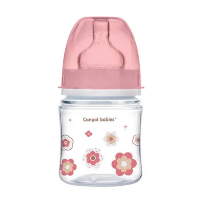 CANPOL 35/216 Butelka Szerokootworowa Antykolkowa Easystart Newborn Baby 120 ml Kwiaty - Różowe