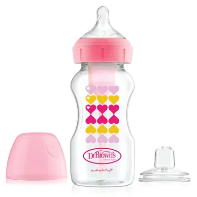 Dr.Browns WB91604 Butelka Szeroka Szyjka 270ml Options + Dekorowana Ze Smoczkiem 6+ I Ustnikiem Niekapkiem - Różowa