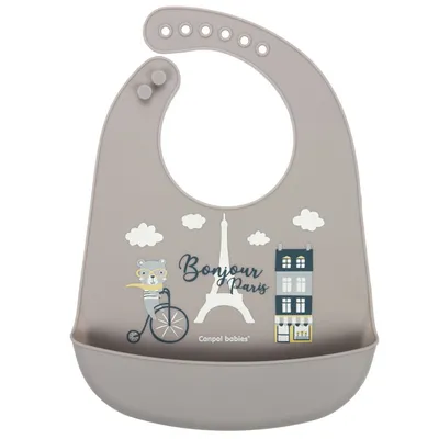 CANPOL 74/027 Śliniak Silikonowy Z Kieszonką Bonjour Paris - Beżowy