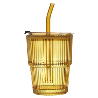 Szklanka Ryflowana MEBLIVA 300 ml Ze Słomką I Pokrywką - Bursztynowa