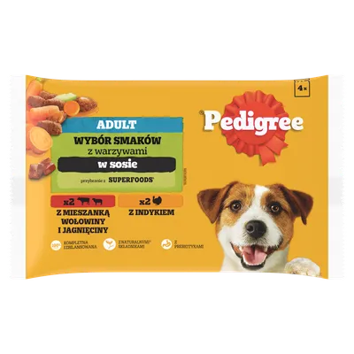 Pedigree Mokra Karma Dla Dorosłych Psów W Sosie (Z Wołowiną I Jagnięciną, Z Indykiem I Marchewką) 4x100g