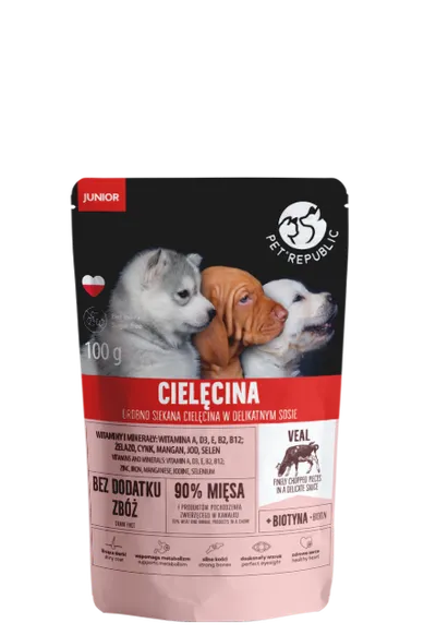 PetRepublic JUNIOR Drobno Siekane Kawałki W Delikatnym Sosie - Cielęcina 100g Dla Psa