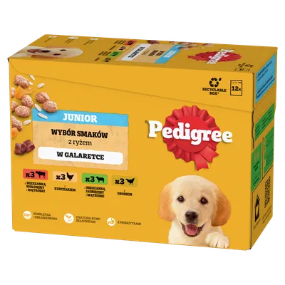 Pedigree Mokra Karma Dla Szczeniąt Mix Smaków Kurczak Z Ryżem, Jagnięcina Z Ryżem, Drób Z Ryżem I Wołowina Z Ryżem W Galaretce 12x100g