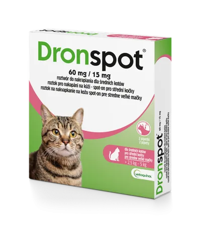 VETOQUINOL Dronspot Krople Odrobaczające Spot-On Dla Średnich Kotów 2,5-5 kg (2 x 0,7 Ml)