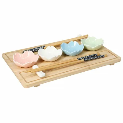 Zestaw Do Sushi Z Bambusową Tacą I Porcelanowymi Miseczkami 9 el