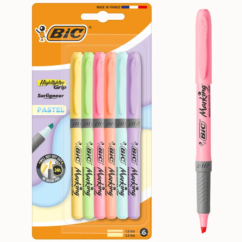 BIC Highlighter Grip Pastel Zakreślacze Mazaki Pastelowe 6 Sztuk