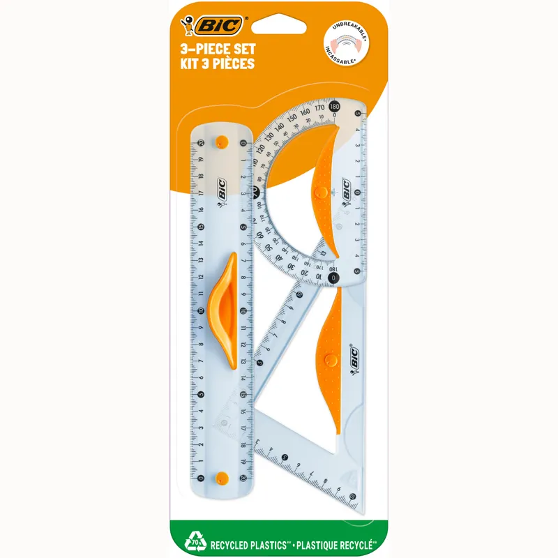 BIC Zestaw Geometryczny Linijka, Ekierka, Kątomierz 3 Sztuki