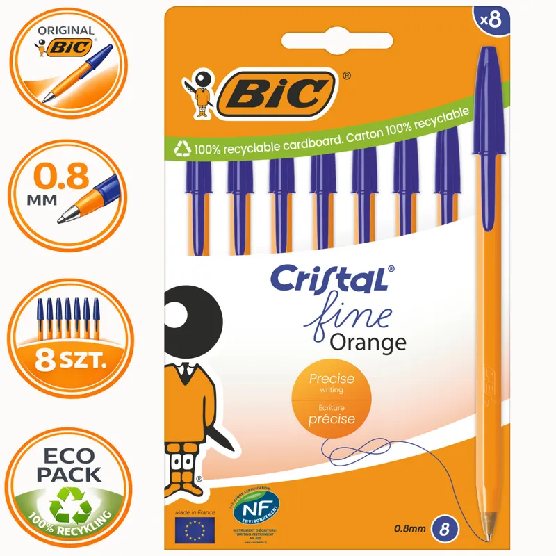 BIC Cristal Fine Orange Długopis 8 Sztuk - Niebieski