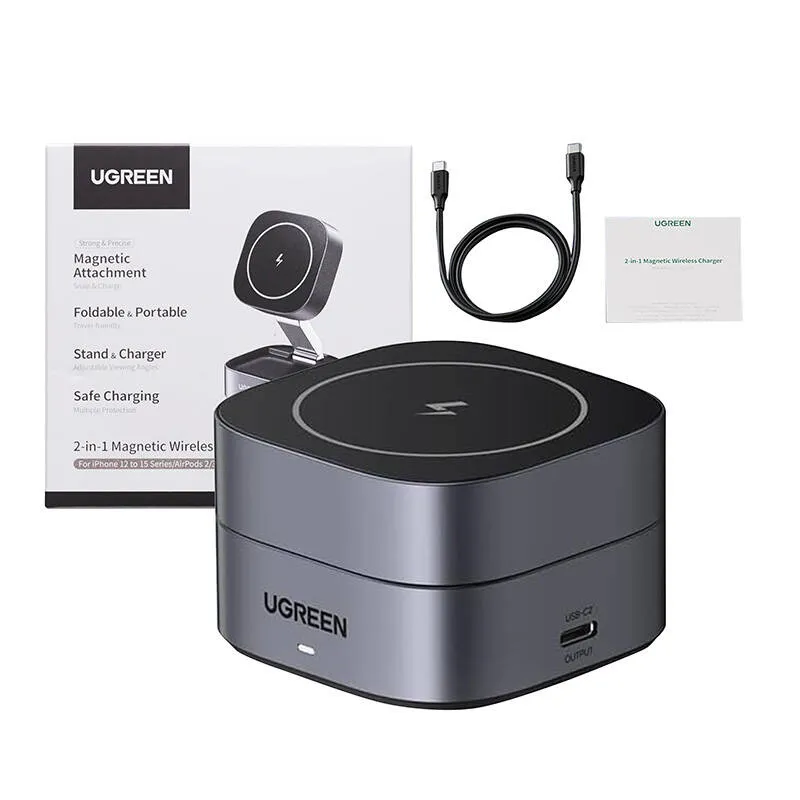 Ładowarka Indukcyjna UGREEN W256 20W Qi 2w1 Z Kablem USB-C - Czarna