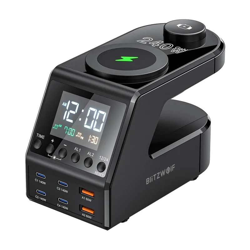 Budzik BLITZWOLF BW-FW10 Z Ładowarką 240W 2XUSB-A 4XUSB-C - Czarny
