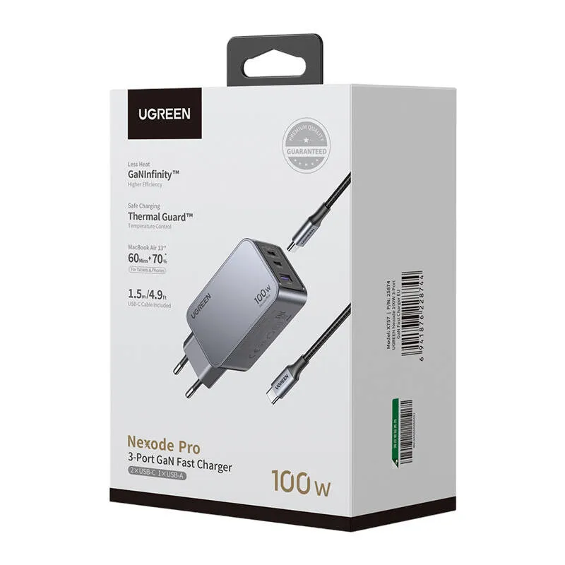 Ładowarka Sieciowa UGREEN Nexode Pro 100W USB-A 2XUSB-C - Szara