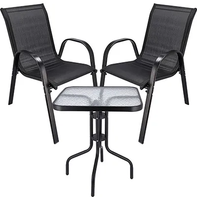 Zestaw Mebli Ogrodowych FIESTA, Stal/Textilene, 2 Krzesła 54x70x92cm + Stół Kwadratowy 60x60x70cm - Czarny