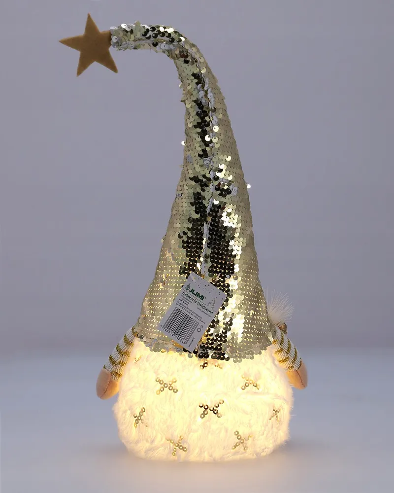 Skrzat Z Cekinowa Czapką, Podświetlany LED, 48 cm, Biały, Złoty