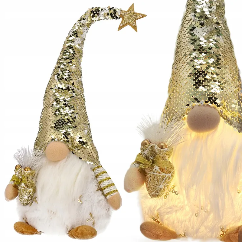 Skrzat Z Cekinowa Czapką, Podświetlany LED, 48 cm, Biały, Złoty