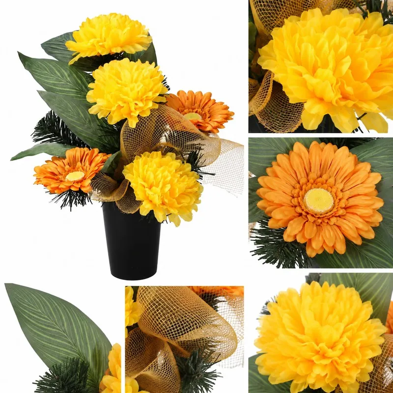Kompozycja Nagrobna: 3 Chryzantemy, 2 Gerbery, Omszały Liść Mango, 60x48x75cm - Żółty