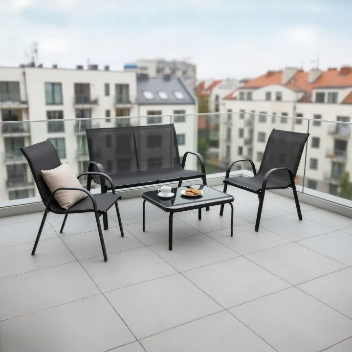Zestaw Mebli Ogrodowych FIESTA, Sofa 70x115x67cm + 2 Krzesła 54x70x92cm + Stół Prostokątny 71x53x37cm - Czarny