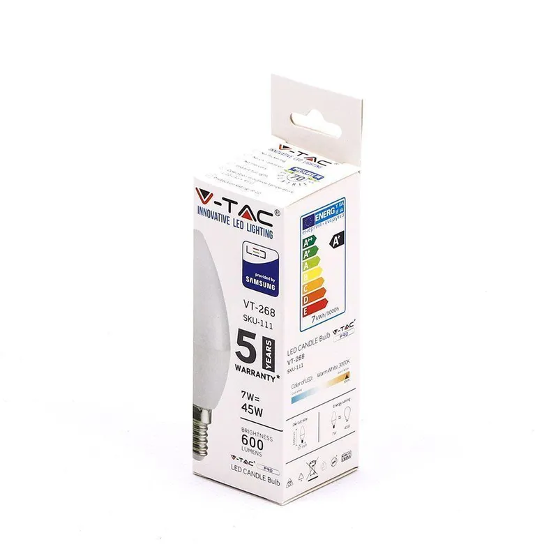 Żarówka LED V-TAC SAMSUNG CHIP 7W E14 Świeczka VT-268 3000K 600LM 5 Lat Gwarancji