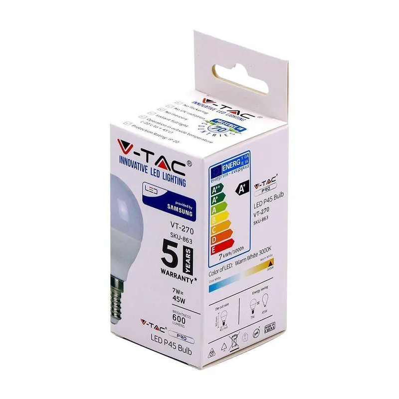 Żarówka LED V-TAC SAMSUNG CHIP 7W E14 Kulka P45 VT-270 3000K 600LM 5 Lat Gwarancji