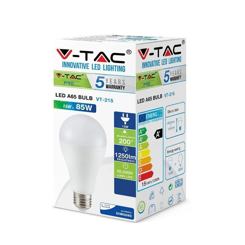 Żarówka LED V-TAC SAMSUNG CHIP 15W E27 A65 VT-215 3000K 1250LM 5 Lat Gwarancji