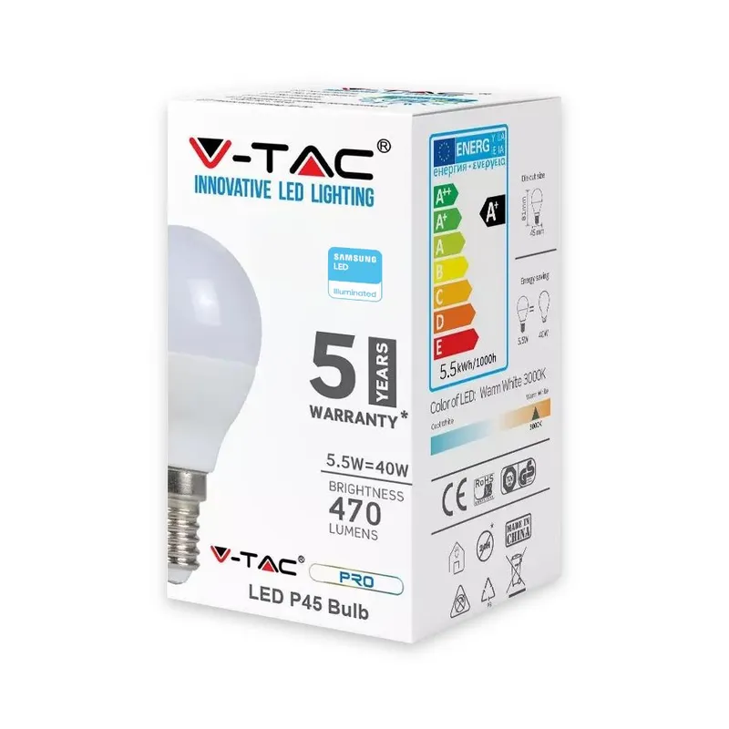 Żarówka LED V-TAC SAMSUNG CHIP 5.5W E14 P45 Kulka VT-236 3000K 470LM 5 Lat Gwarancji