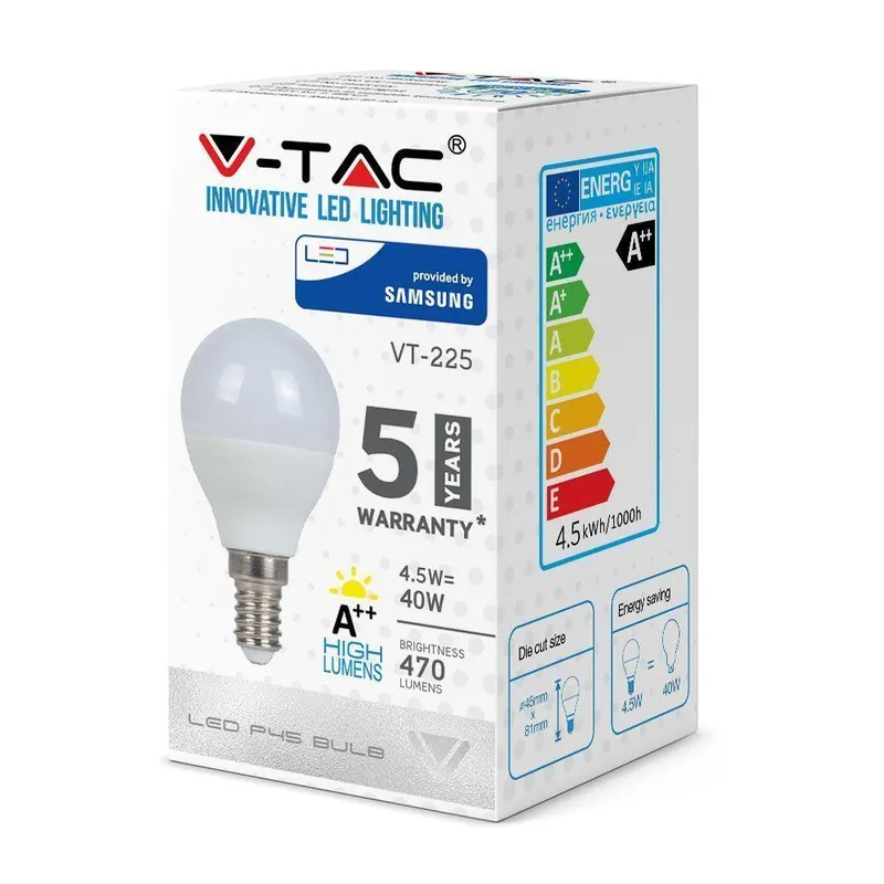 Żarówka LED V-TAC SAMSUNG CHIP 4.5W E14 Kulka P45 VT-225 3000K 470LM 5 Lat Gwarancji